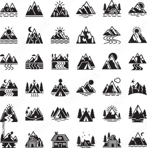 mountain icons set, hills, forest, wood, trees, rivers, lakes, nature landscape icons collection