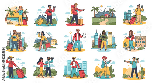 Diverse group of tourists exploring various global destinations and landmarks.