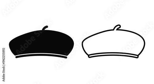 Two berets displayed one solid black the other a line drawing
