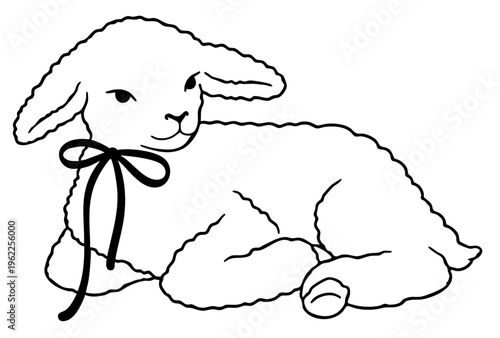 Cute lamb lying with ribbon bow on neck, fluffy sheep resting in calm pose, farmhouse easter animal line drawing