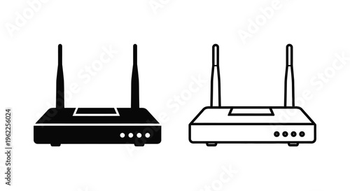 Black and white illustration of two wireless routers with antennas