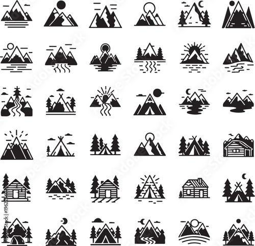 mountain icons set, hills, forest, wood, trees, rivers, lakes, nature landscape icons collection