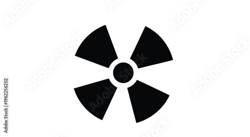 Black and white image depicting a stylized radioactive hazard symbol