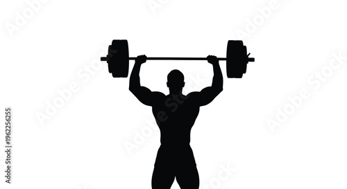 Silhouette of a muscular man powerfully lifting a barbell overhead