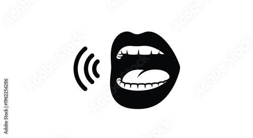 Black and white illustration of open mouth speaking with sound waves