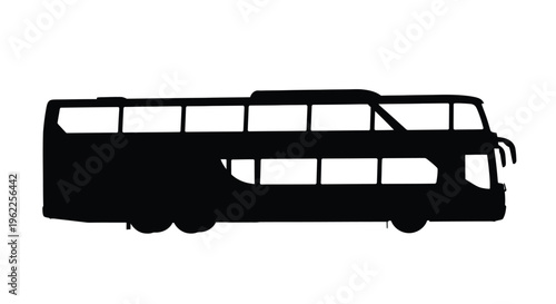 Black silhouette of a double decker tour bus on a white background