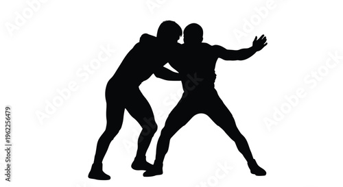 Two athletes engaged in a wrestling match shown in silhouette form