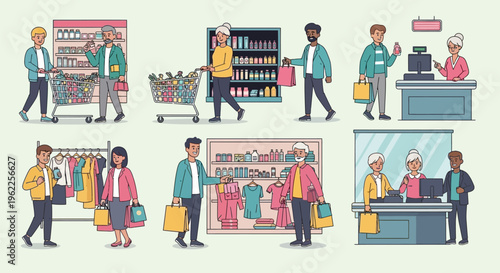 Diverse shoppers and store employees engaging in various retail activities.