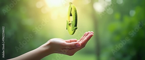 Hand gently cradles a glowing recycling symbol in a lush, sunlit forest; camera slowly pans, capturing soft light flickers and swaying leaves, in a serene, cinematic style.