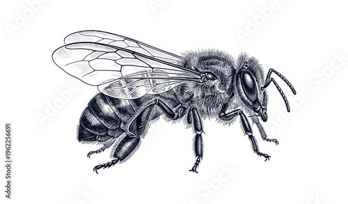 Detailed sketch of honey bee in side profile with wings extended