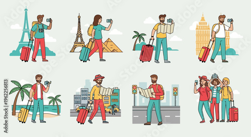 Diverse travelers exploring global landmarks and enjoying various vacation activities.