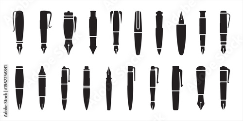 Flat fountain pen icon black silhouette vector illustration isolated on a clear background. Simple black silhouette icon representing a classic writing instrument such as a ballpoint pen or fountain. 