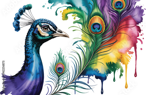 Close-up portrait of a blue peacock head positioned next to large, stylized tail feathers featuring vivid watercolor eye spots.