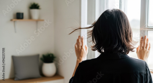 This is a woman opening a window to ventilate the room.