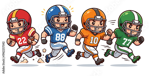 Cute cartoon American football players running in action. Colorful sports character set.