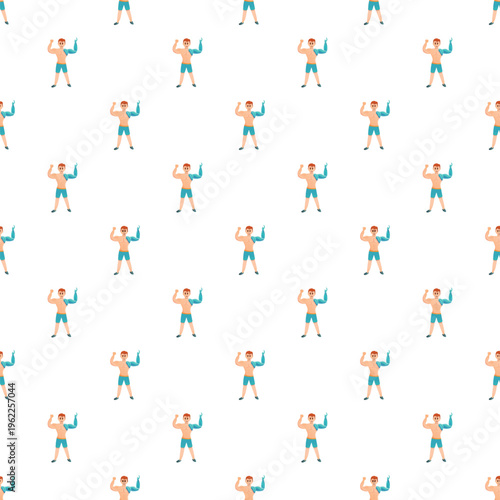 Man with prosthetic arm flexing bicep in a seamless cartoon pattern