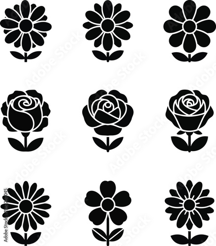Nine black flower including roses and daisies on white background daisy