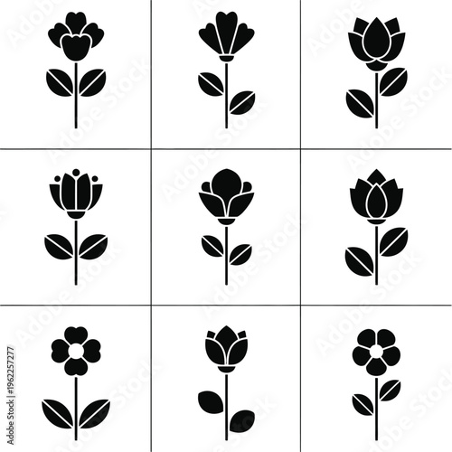 Nine black flower with stems and leaves on white background leaf