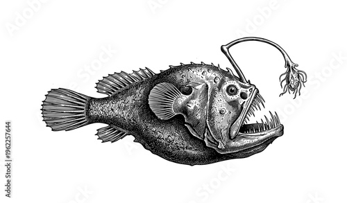 Detailed black and white engraving of an anglerfish with bioluminescent lure
