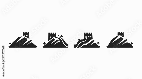 Four minimalist black and white illustrations of a castle atop a mountainous landscape