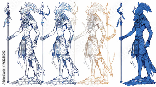 Artistic depiction of a figure with ornate headwear and staff, multiple color versions