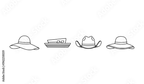Minimalist Wide Brim Hat Line Icons Set – Black and White Fashion Accessory Vector