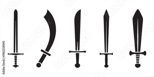 Swords in flat style and silhouettes isolated on white background. Icon set of ancient swords. Vector illustration. Medieval swords. Japanese sword katana. Military sword ancient weapon design silhoue