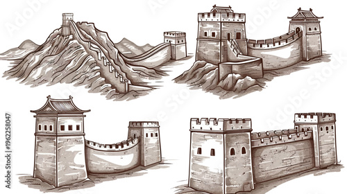 Illustration of historical defensive structures with watchtowers, walls, and mountains