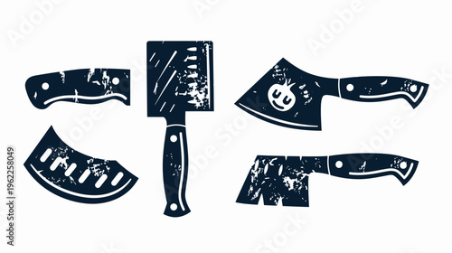 Collection of various textured knife illustrations, including cleavers and blades, arranged on a white backdrop