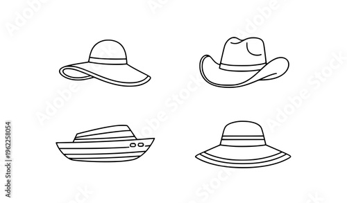 Wide Brim Hats Minimal Line Icons – Black White Fashion Hat Vector Collection