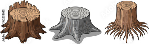 Set of Hand-Drawn Tree Stumps with Various Shapes and Textures for Nature, Forest, and Woodworking Design