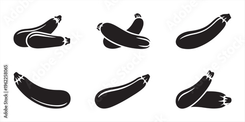 Zucchini squash vegetable vector illustration for farm and gardening design. Zucchini icon set in outline and silhouette style, representing fresh produce, vegetables, and cooking ingredients, vector 
