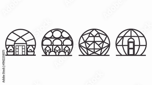 Four stylized architectural greenhouse illustrations in black line art on a white background