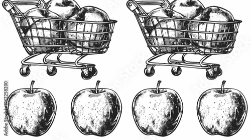 Black and white illustration featuring shopping carts filled with apples and individual apples