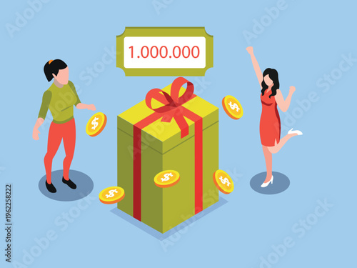 Women Celebrating Million Dollar Prize Win with Large Gift Box and Floating Gold Coins 3d isometric vector illustration