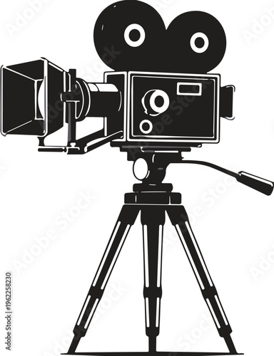 Vintage movie camera on tripod silhouette vector illustration for cinema production film industry retro video equipment isolated on white background for design