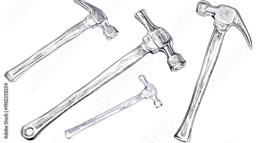 Illustration of several steel hammers, a common tool for construction and repair, on a white background