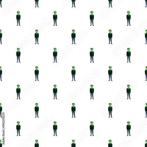 Green skinned zombie man characters repeating on a white background