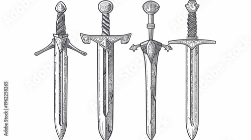 Four stylized swords, each with a unique hilt and blade design, displayed against a white background