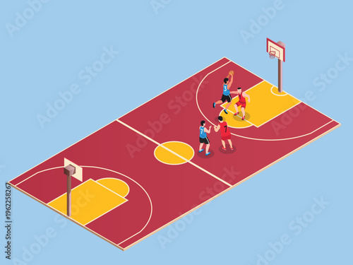 Basketball Court with Players in Action, Professional Match Scene 3d isometric vector illustration