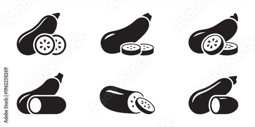 Zucchini squash vegetable vector illustration for farm and gardening design. Zucchini icon set in outline and silhouette style, representing fresh produce, vegetables, and cooking ingredients, vector 