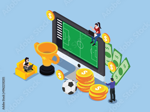 Online Football Betting and Sports Gambling Concept with Isometric Characters, Coins, and Trophy 3d isometric vector illustration