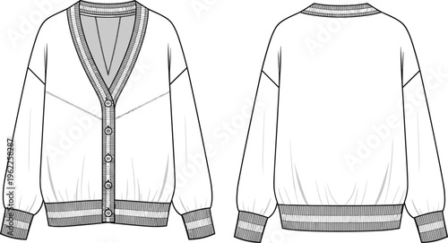 cardigan sweater outline, front back view, knitted apparel design, fashion template, buttoned jacket, casual wear, line art illustration, clothing mockup