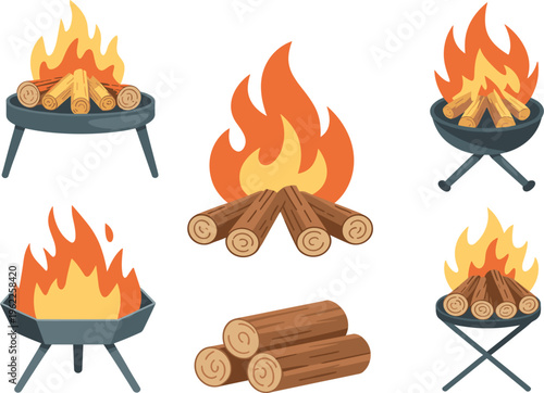 Campfire vector set, bonfire with logs, fire pit and outdoor barbecue icons for camping design