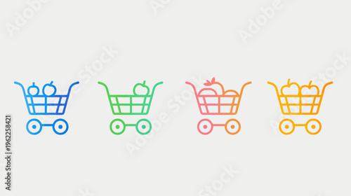 Four colorful shopping cart icons, each containing fruit. Gradient hues of blue, green, pink, and orange
