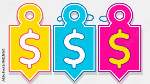Three colorful price tags with dollar signs in yellow, blue, and pink. Perfect for finance and money
