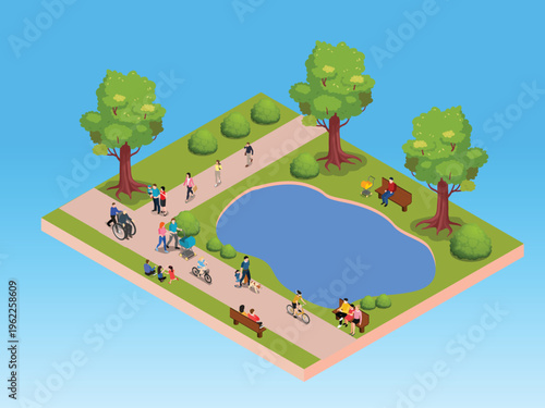Public City Park with Diverse People Relaxing and Pond 3d isometric vector illustration