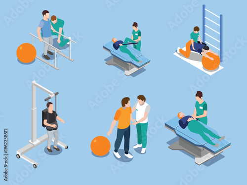 Physical Therapy and Rehabilitation Center with Medical Equipment 3d isometric vector illustration