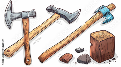 Cartoon illustration of multiple axes, a wooden block, and several small rocks, set against a white background