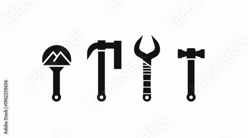 Black silhouette icons of tools, including a mountain-topped tool, hammer, wrench, and hammer